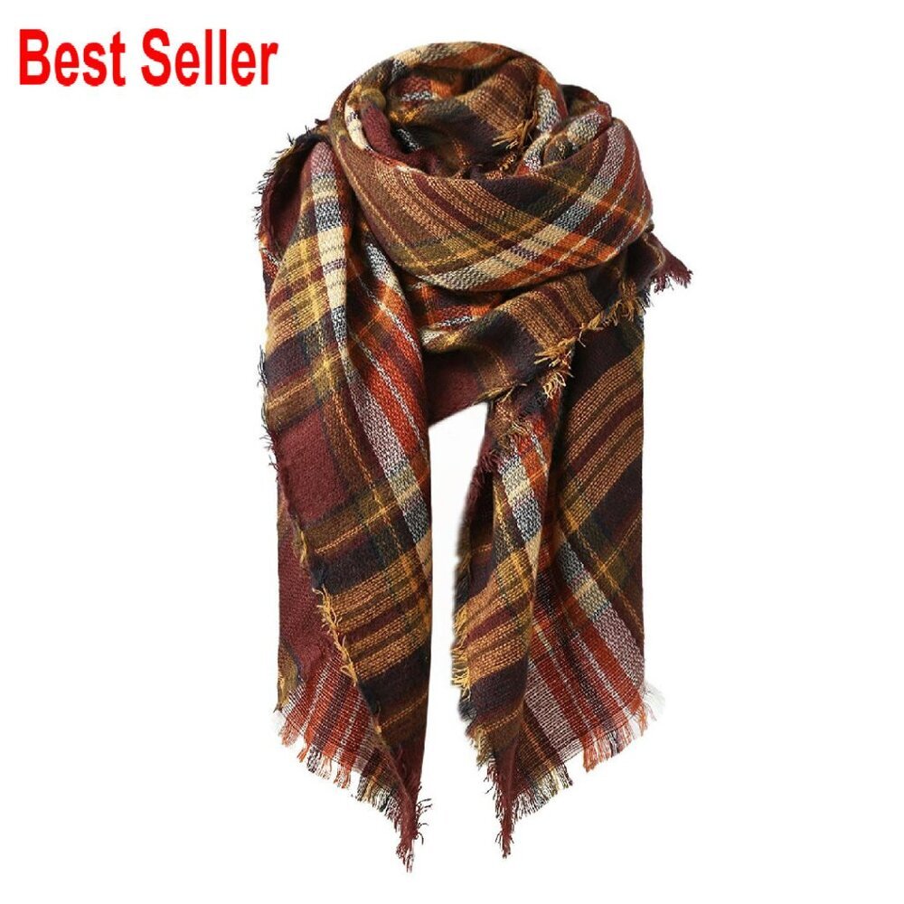 Oversized Plaid Blanket Scarf Chunky Knit Wrap Shawl Winter Warm